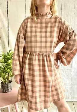 Vintage Brown Checked Bow Gingham 90's Mini Dress