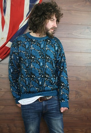 VINTAGE ICELANDIC COSBY PATTERNED KNIT JUMPER ,MEDIUM,