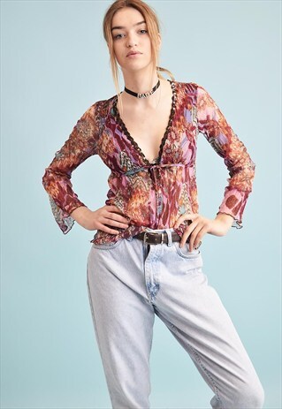 90'S RETRO KITSCH MESH SHEER TEEN TOP BLOUSE