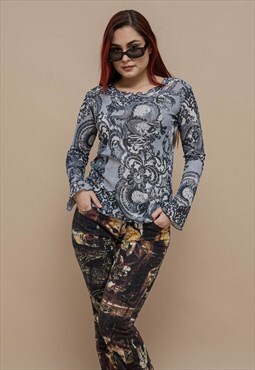 Vintage Y2k Tattoo Print Lettuce Hem Long Sleeve Top S