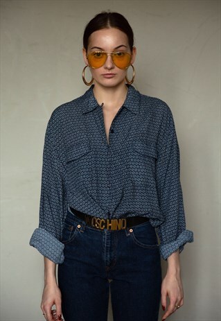 70S VINTAGE FANCY NAVY BLUE PRINTED SHIRT. UNISEX