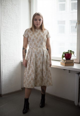 VINTAGE 60'S MIDI YELLOWISH EMBROIDERED DRESS