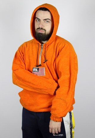 VINTAGE POLO SPORT 1/2 ZIP HOODIE BIG LOGO ORANGE SIZE M