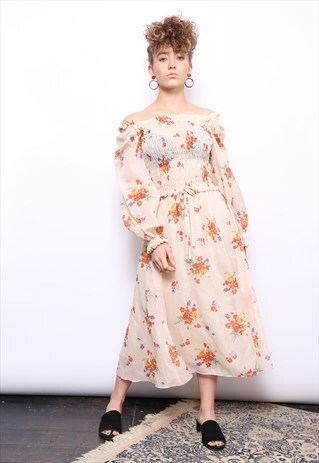 VINTAGE 70S CREAM FLORAL PRINT BOHO OFF SHOULDER DRESS