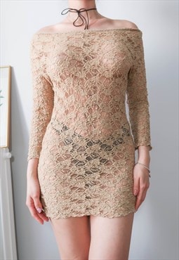 vintage y2k beige floral lace bodycon mini dress