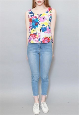 VINTAGE 1990'S VIBRANT FLORAL BUTTON FRONT CROP TOP