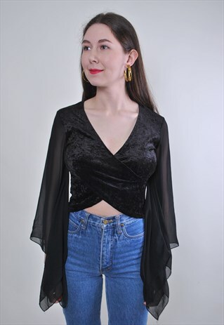 WOMEN VINTAGE BLACK VELVET V-NECK LACE SLEEVE BLOUSE