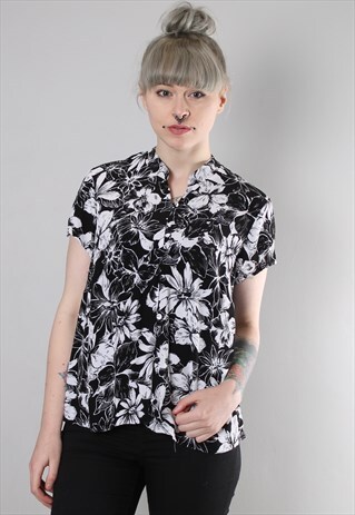 VINTAGE 90S FLORAL PATTERNED MONOCHROME BLOUSE TOP