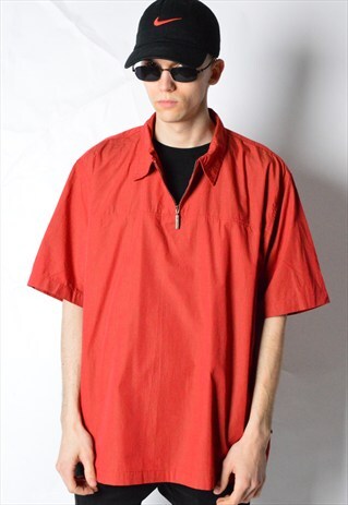 VINTAGE 90S ORANGE CHECK 1/4 ZIPPER SHORT SLEEVE SHIRT