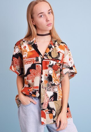 90'S RETRO ABSTRACT PRINT OVERSIZED SHIRT BLOUSE TOP
