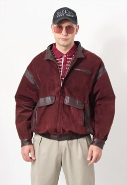 Vintage 80's leather bomber jacket in burgundy red suede