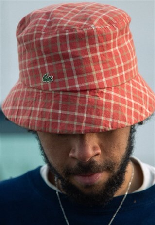 VINTAGE LACOSTE BUCKET HAT IN CHEQUERED ORANGE AND WHITE