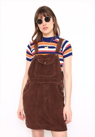 VINTAGE 90S BROWN CORD DUNGAREE MINI DRESS