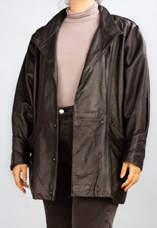 VINTAGE LEATHER JACKET CHEVREO SLEEVE IN BLACK XL