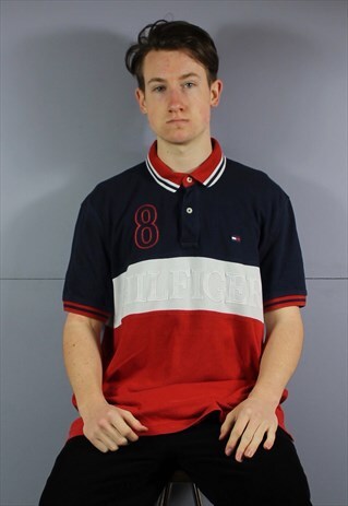 VINTAGE TOMMY HILFIGER POLO SHIRT IN RED AND NAVY BLUE WITH