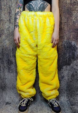Tiedye faux fur joggers fleece trousers festival pants lemon