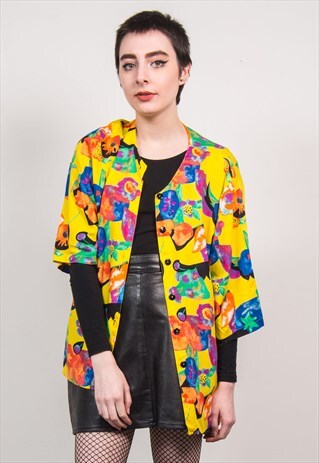 VINTAGE 90'S YELLOW FLORAL PATTERN COLLARLESS BLOUSE SHIRT