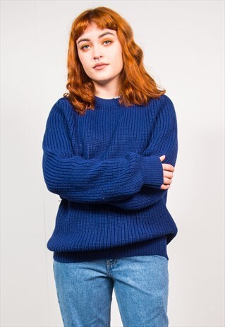 VINTAGE 90'S DARK BLUE OVERSIZED FISHERMAN KNIT JUMPER
