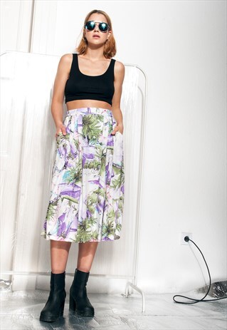 VINTAGE SKIRT 90S PALM PRINTED GRUNGE HIGH-WAISTED MIDI