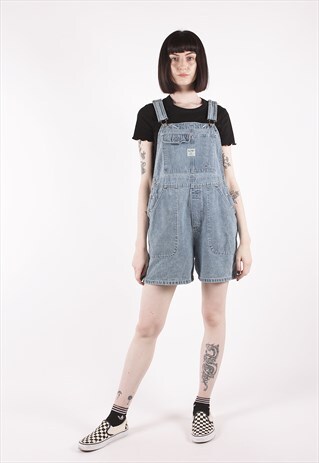 VINTAGE 90S LIGHT BLUE RELAXED DENIM DUNGAREE SHORTS /OO1131