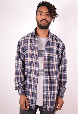 GAP MENS VINTAGE FLANNEL SHIRT LARGE BLUE CHECK 90S