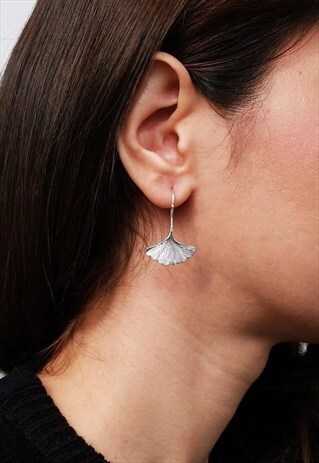 GINKGO LEAF DANGLE EARRINGS WOMEN STERLING SILVER EARRINGS