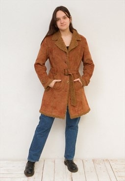 Vintage Women's L Faux Suede Faux Fur Jacket Coat Afghan Tan