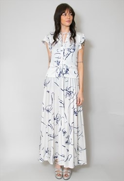 70's Vintage White Blue Ruffle Collar Ladies Maxi Dress