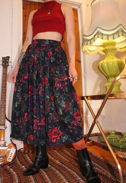 Vintage 80s Dark Floral Midi Skirt