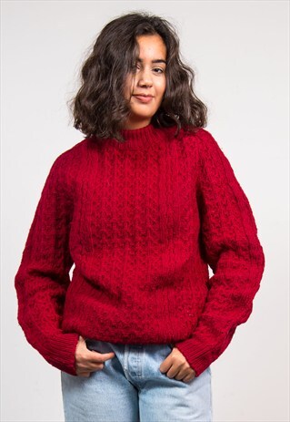 90'S VINTAGE RED HIGH NECK CABLE KNIT WOOL JUMPER