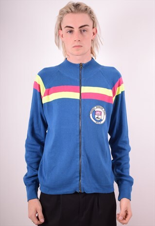PUMA MENS VINTAGE CARDIGAN SWEATER LARGE BLUE 90S