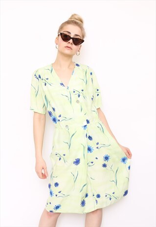 VINTAGE 90S GREEN FLORAL WRAP DRESS