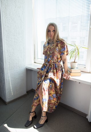VINTAGE 80'S BROWN FLOWER PRINT SHORT SLEEVED DRESS
