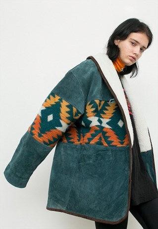 VINTAGE SUEDE LEATHER FAUX FUR JACKET MIDI WARM AZTEC