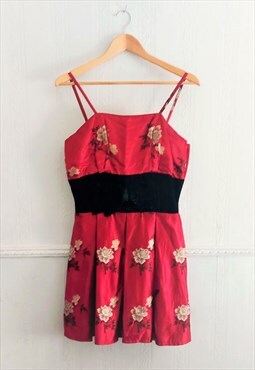 Vintage 1960s Mid Century Oriental Red, Black & Gold Dress