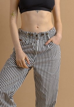 Vintage Striped Tapered Cotton High Waisted Trousers 