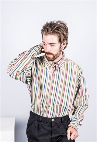 VINTAGE TOMMY HILFIGER SHIRT IN GREEN, PINK AND BLUE STRIPES