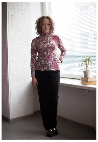 VINTAGE 70'S MULTICOLOR FLOWER PRINT TURTLE NECK JUMPER