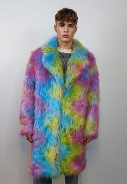 Rainbow faux fur long coat unicorn trench neon raver bomber 