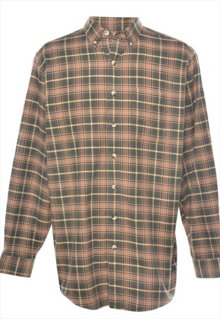 VINTAGE L.L. BEAN CORAL & BROWN LONG SLEEVED CHECKED SHIRT -