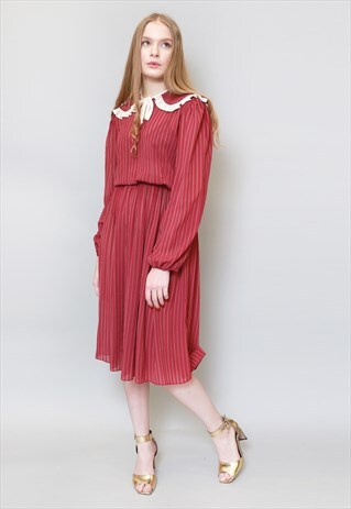 VINTAGE 1970'S MAROON STRIPE WHITE RUFFLE COLLAR MIDI DRESS