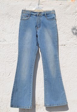 Deadstock light blue striped high waist stretch flared jeans