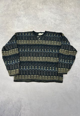 VINTAGE BUGLE BOY KNITTED JUMPER PATTERNED GRANDAD SWEATER