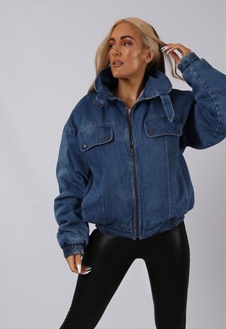VINTAGE 90'S DENIM BOMBER JACKET OVERSIZED CHECKED L (51V)