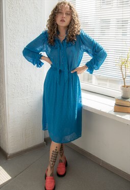 Vintage 70's Blue Textured Long Sleeved Midi Dress