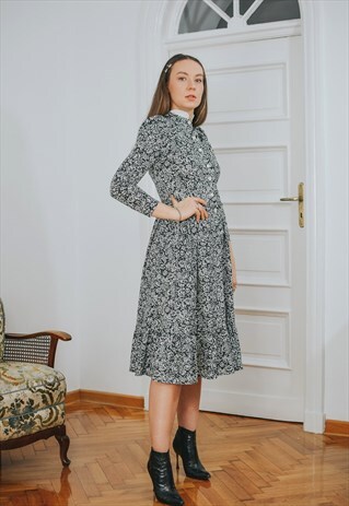 FLORAL DRESS 80S VINTAGE LONG SLEEVE BLACK WHITE PRAIRIE
