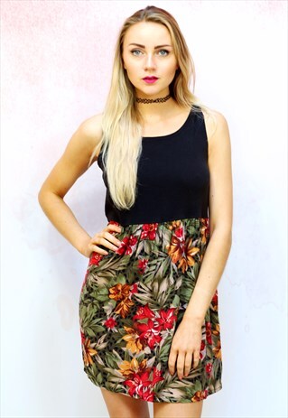 1990S VINTAGE CONTRAST TOP AND TROPICAL SKIRT MINI DRESS