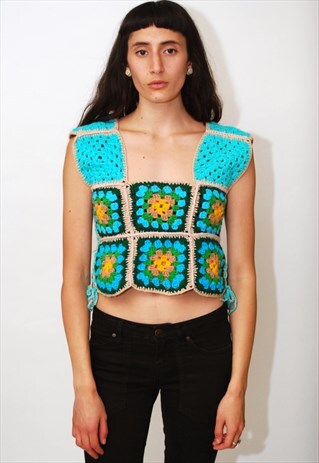 CROCHET TANK TOP (XS) VINTAGE 70S VEST SHEER SLIM FIT CROP