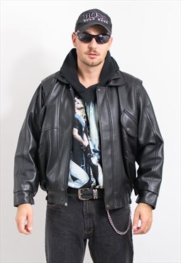 Vintage 90's bomber jacket faux leather in black men size L