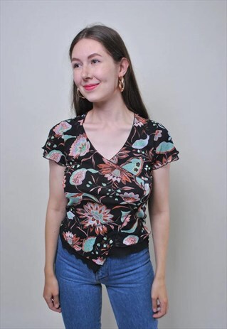VINTAGE BLACK PULLOVER BLOUSE, 90S FLORAL V NECK SHIRT